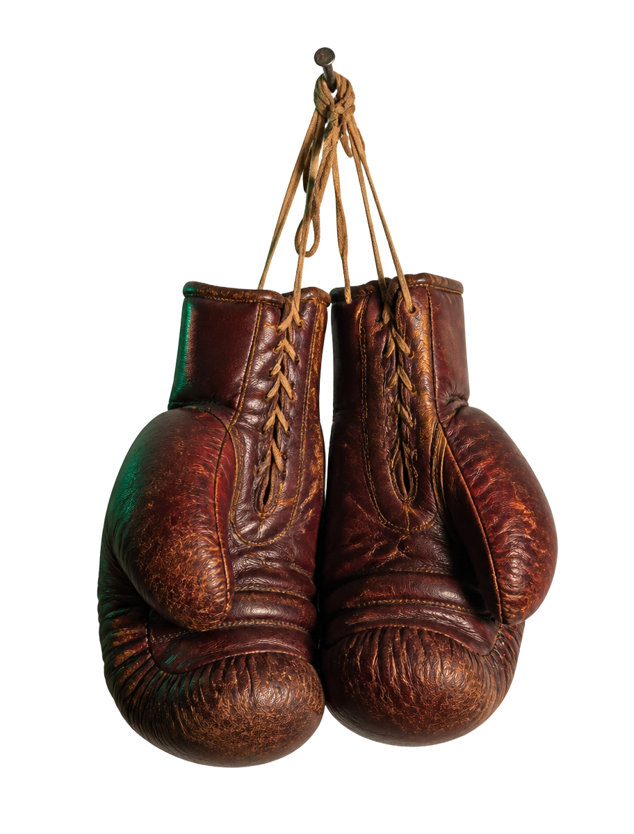 A pair of worn leather boxing gloves hanging by their laces on the cafe wall