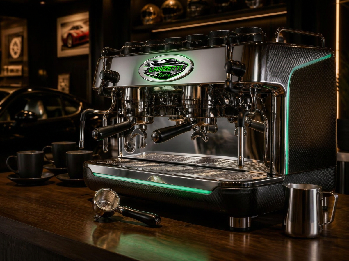 Lanzetti Racing branded Italian espresso machine in chrome and carbon fibre with green light accents