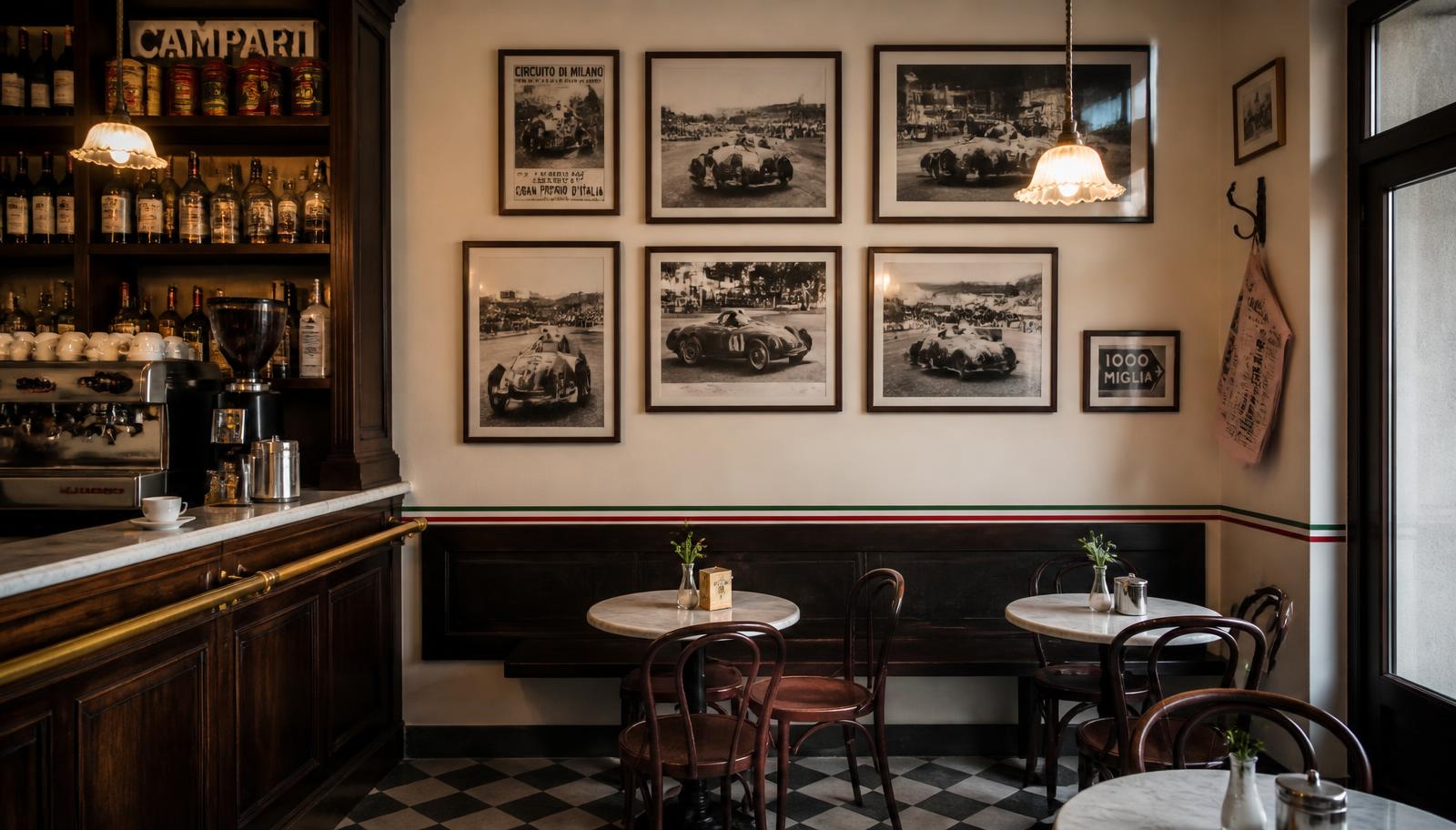 Interior of Il Caffe Lanzetti with framed motorsport photographs and marble bistro tables