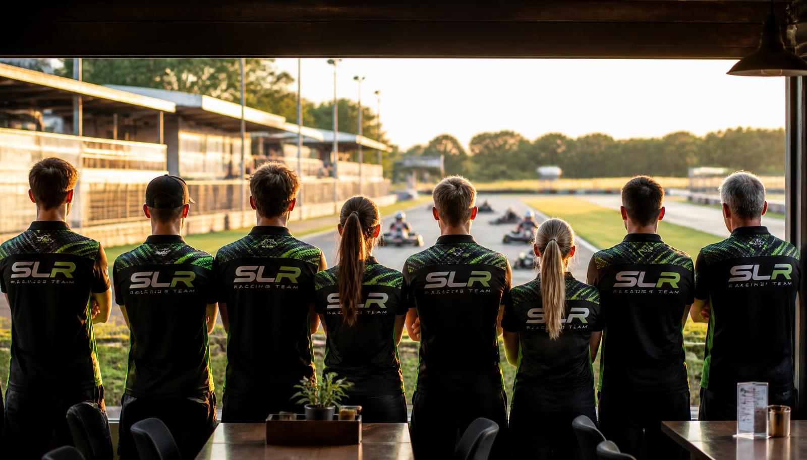 Lanzetti Racing team and crew seen from behind in team shirts, watching karts on track past the paddock